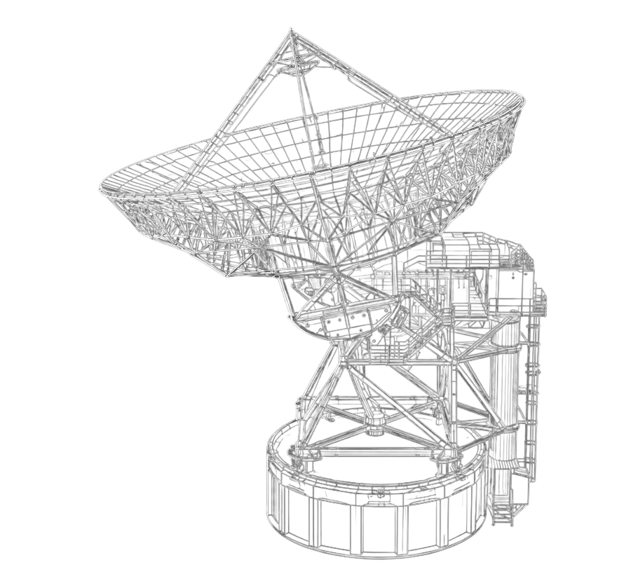Wireframe render of a large parabolic satellite ground antenna on its mount